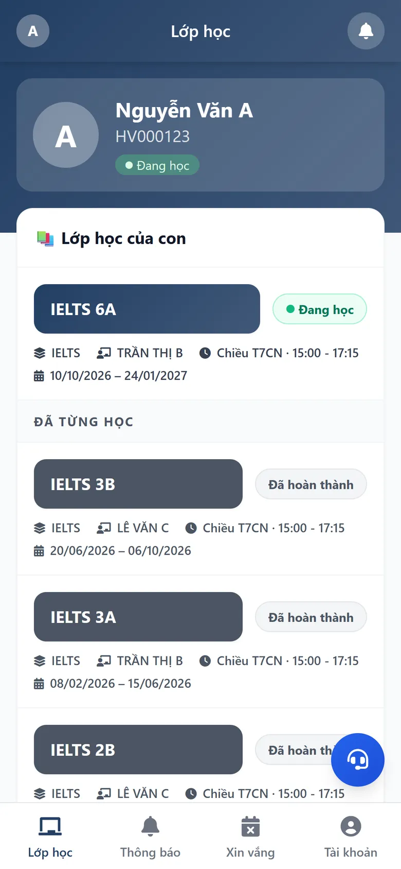 Web app ECMS cho phụ huynh – danh sách lớp học của con