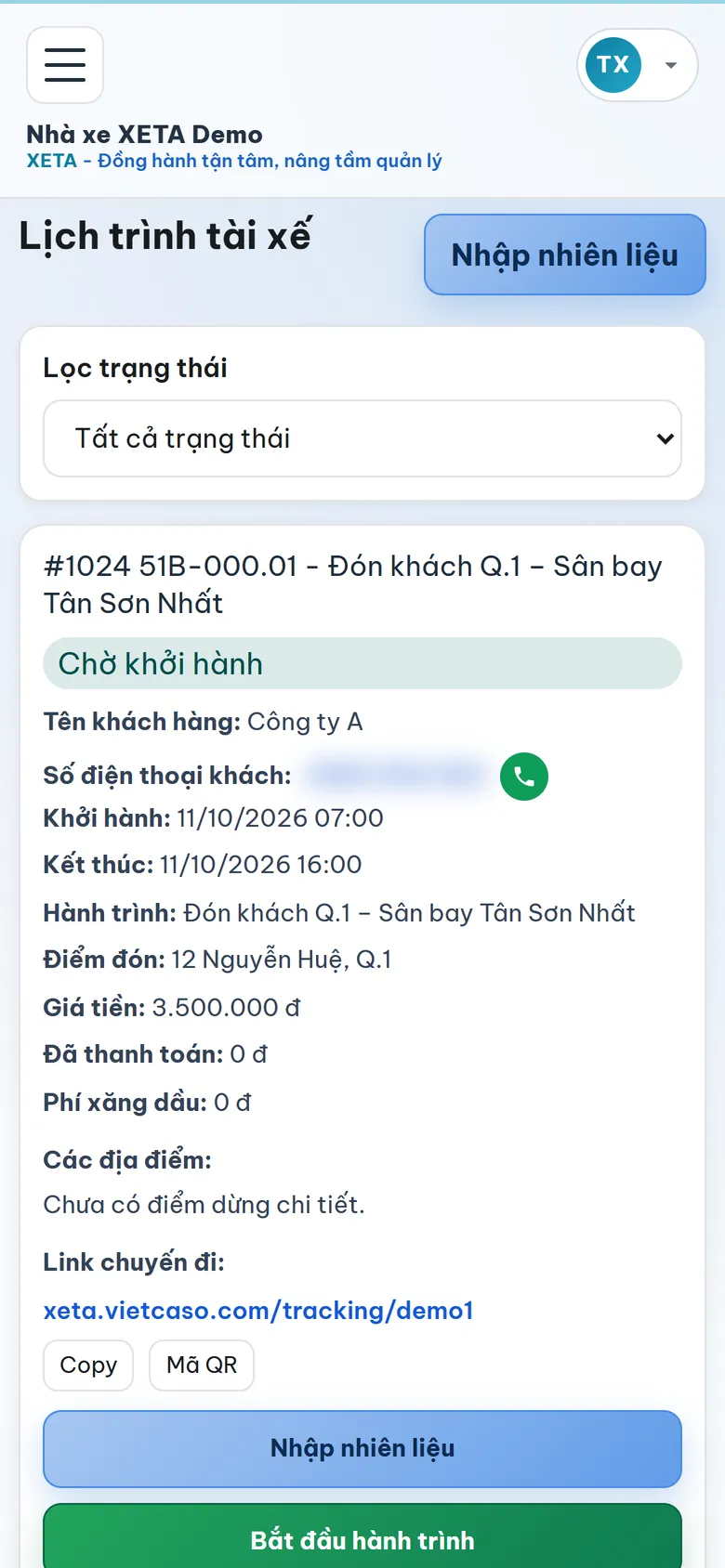Web app XETA cho tài xế – lịch trình chuyến được giao
